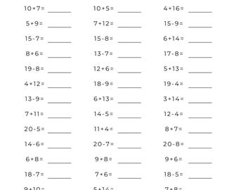 May include: A white worksheet with addition and subtraction sums. The top of the sheet has fields for name, date, and score. The sums are arranged in columns, with space for answers.