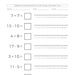 10 Printable Number Line Addition & Subtraction Worksheets: Math to 20 (PDF)