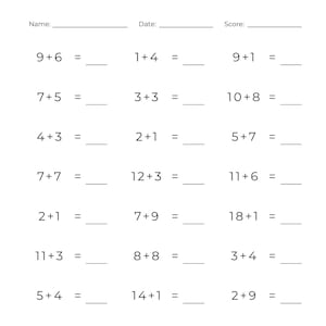 May include: A printable worksheet with 18 addition problems for children to practise their maths skills. The problems range from simple sums like 1 + 4 to more challenging ones like 12 + 3.