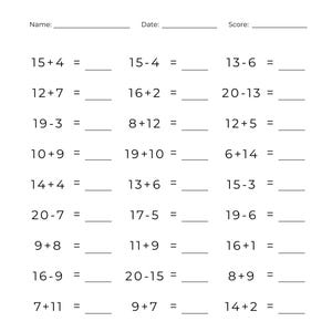 10 afdrukbare werkbladen voor optellen en aftrekken: wiskundig oefenen tot en met 20 (pdf)