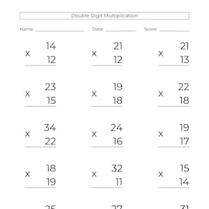 Può includere: Un foglio di lavoro intitolato "Moltiplicazione a due cifre" con problemi di matematica. Il foglio di lavoro include spazi per nome, data e punteggio. I problemi riguardano la moltiplicazione di numeri a due cifre.