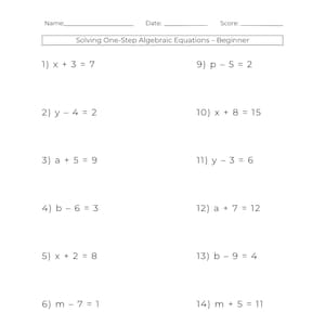 Puede incluir: Una hoja de trabajo blanca con problemas de álgebra. El título dice "Resolviendo ecuaciones algebraicas de un paso - Principiante". Se enumeran dieciséis ecuaciones, cada una con una variable y una operación aritmética simple, como "x + 3 = 7."