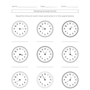 May include: A worksheet for learning to read analog clocks. The worksheet features nine clock faces with different times, and spaces below each clock for writing the time. The text "Reading Analog Clocks" is at the top.