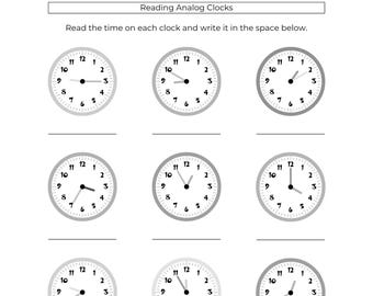 May include: A worksheet for learning to read analog clocks. The worksheet features nine clock faces with different times, and spaces below each clock for writing the time. The text "Reading Analog Clocks" is at the top.