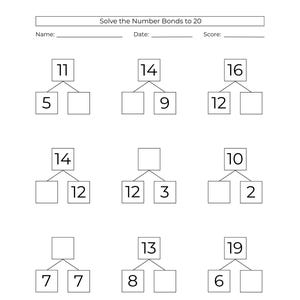 Puede incluir: Una hoja de trabajo con problemas de matemáticas para resolver enlaces numéricos hasta 20. La hoja de trabajo incluye el título "Solve the Number Bonds to 20", con espacios para el nombre, la fecha y la puntuación. Hay varios problemas de suma con números faltantes.