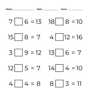 May include: A white worksheet with math problems. The worksheet includes addition and subtraction problems with blank spaces for answers. The top of the worksheet has spaces for the name, date, and score.