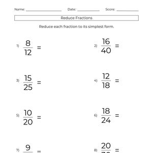 10 Arbeitsblätter zum Reduzieren von Brüchen – Aktivitäten zur Vorbereitung von Brüchen – Mathetest-Vorbereitung – Mathe lernen für die 5