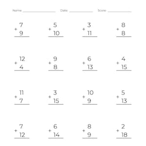 May include: A worksheet with 12 addition problems. Each problem has two single-digit numbers to be added together. The problems are arranged in a grid format.