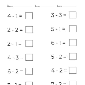Peut inclure: Une feuille de travail avec des problèmes de mathématiques pour les enfants à résoudre. Les problèmes sont de simples problèmes de soustraction avec des nombres de 1 à 8. La feuille de travail a un espace pour que l'élève écrive la réponse à chaque problème.