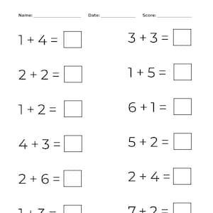 Pode incluir: Uma folha de trabalho em preto e branco com problemas de adição de matemática para crianças. Os problemas incluem 1 + 4, 2 + 2, 1 + 2, 4 + 3, 2 + 6, 1 + 3, 2 + 3, 3 + 3, 1 + 5, 6 + 1, 5 + 2, 2 + 4, 7 + 2, 8 + 1.