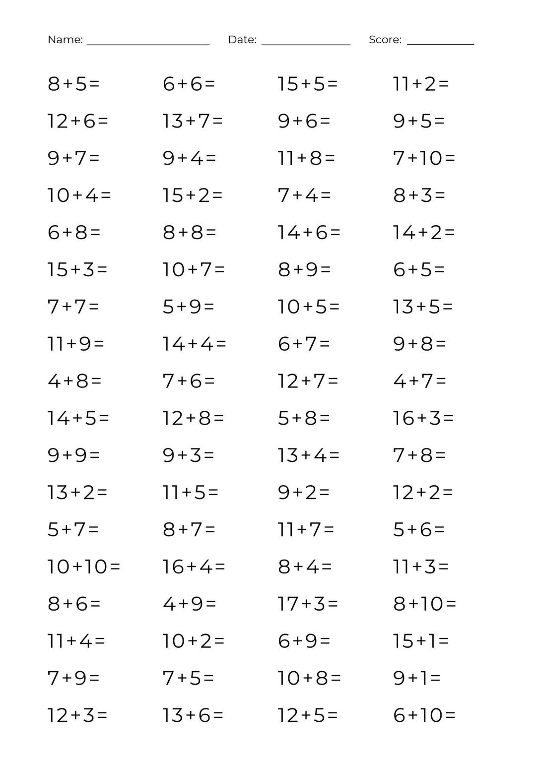 10 Printable Adding to 20 Worksheets - Beginning Math Sheets for 1st ...