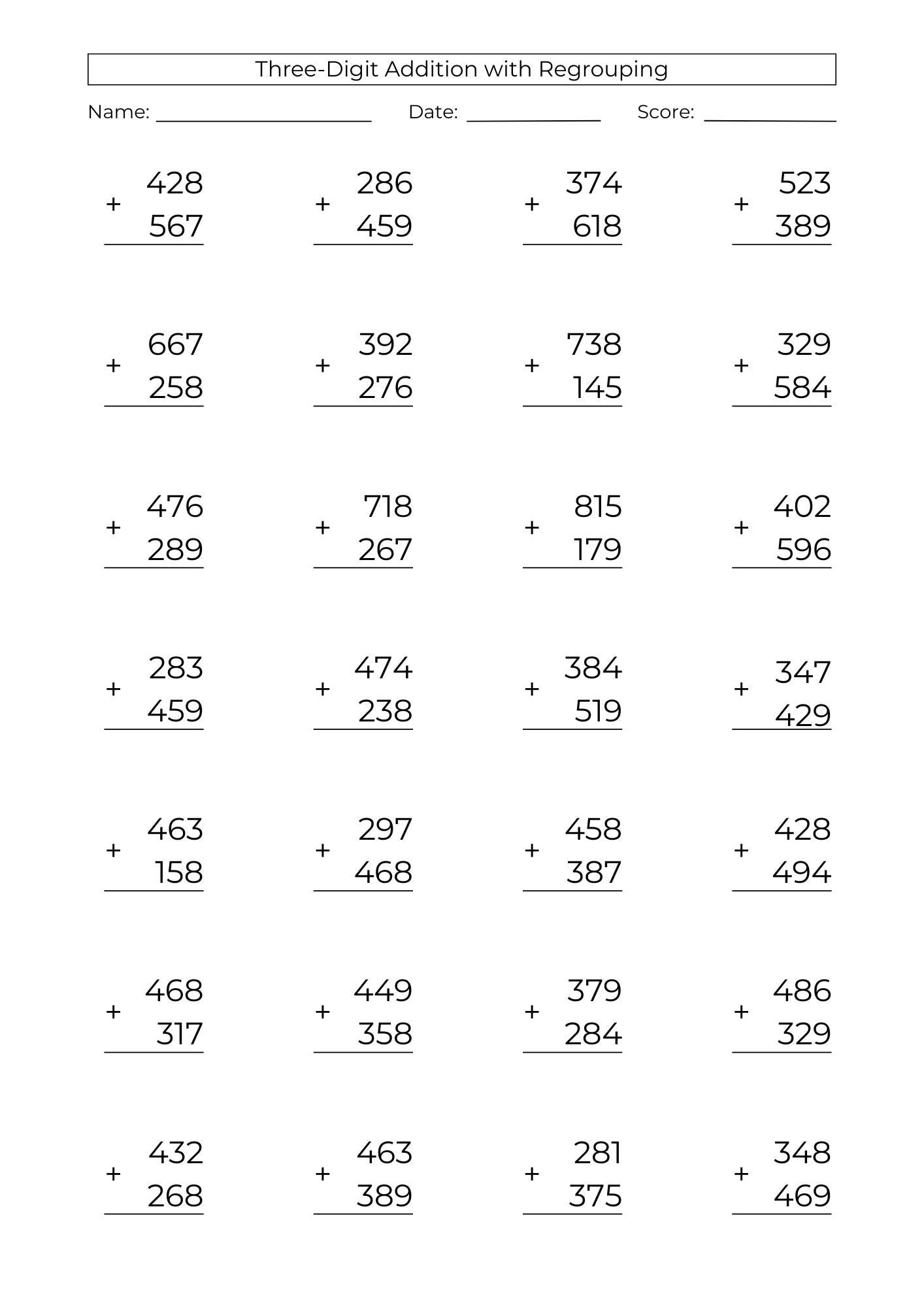 10 Printable 3 Digit Addition with Regrouping Worksheets 3 Digit Addition to 1000 – 3rd Grade Math Drills Additon