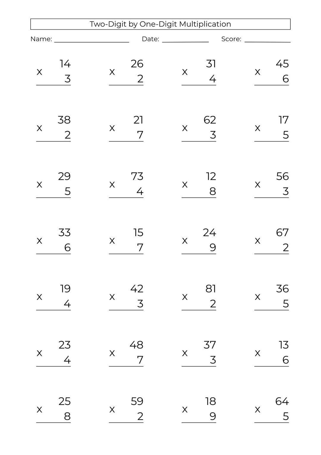 10 Printable 2 Digit by 1 Digit Multiplication Worksheets: Mental Math ...