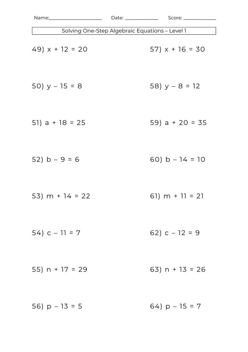 Sample Math Equations 10 Printable One Step Algebra Equation and Two Step Algebra Equations ...