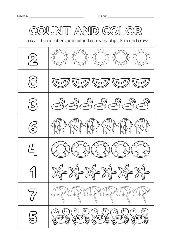 20 Printable Counting Worksheets 1-20: Count and Color (PDF Download A4/US Letter Size)