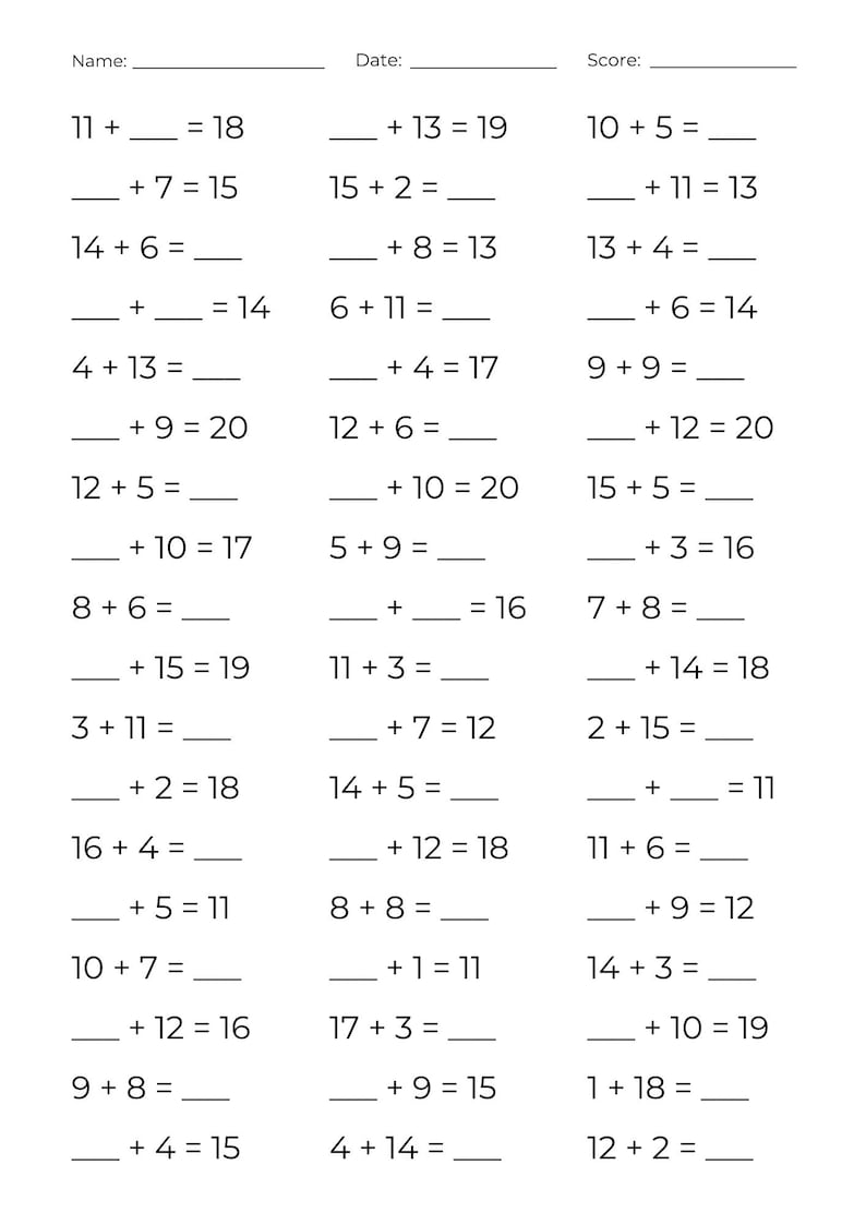 10 Printable Addition to 20 Worksheets – Addition Fill in Blanks Math ...