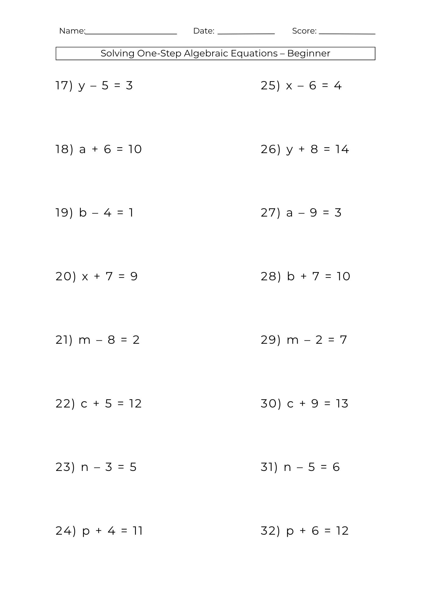 10 Printable One Step Algebra Equation and Two Step Algebra Equations ...
