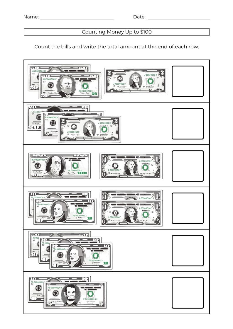 10 printable money counting worksheets for kindergarten and preschool math learners. Learn and practice coin and bill counting more easily. These counting money kids worksheets focus on money math skills to help build confidence in counting money.