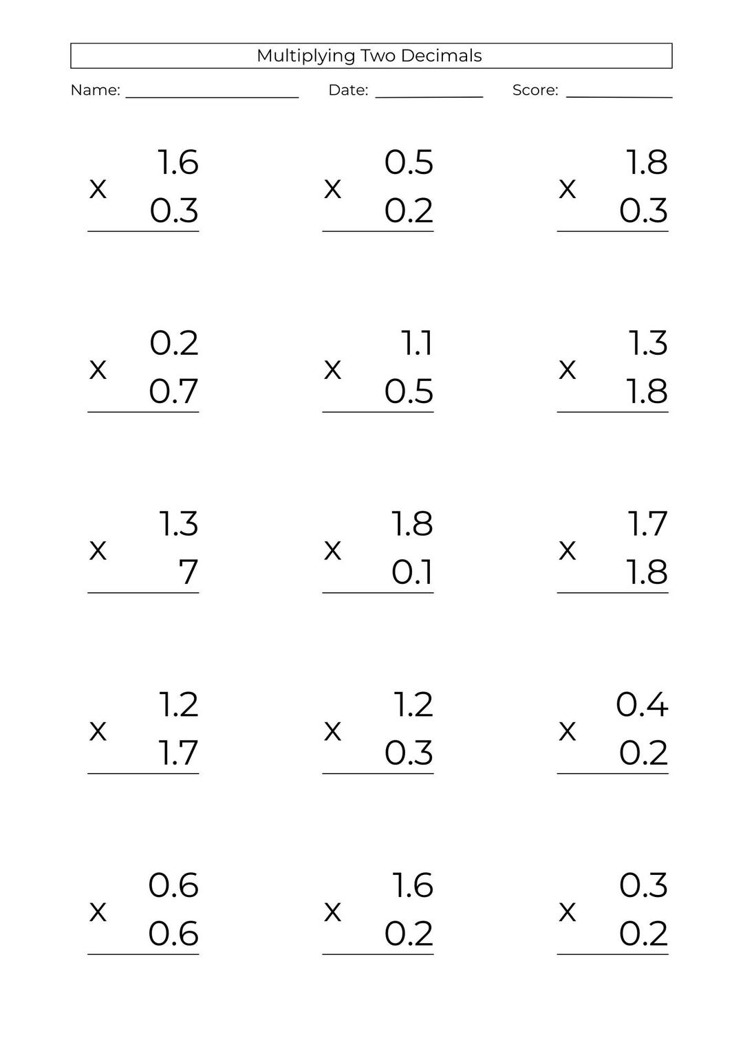 10 Printable Decimal Multiplication Worksheets: 5th Grade Math Practice ...