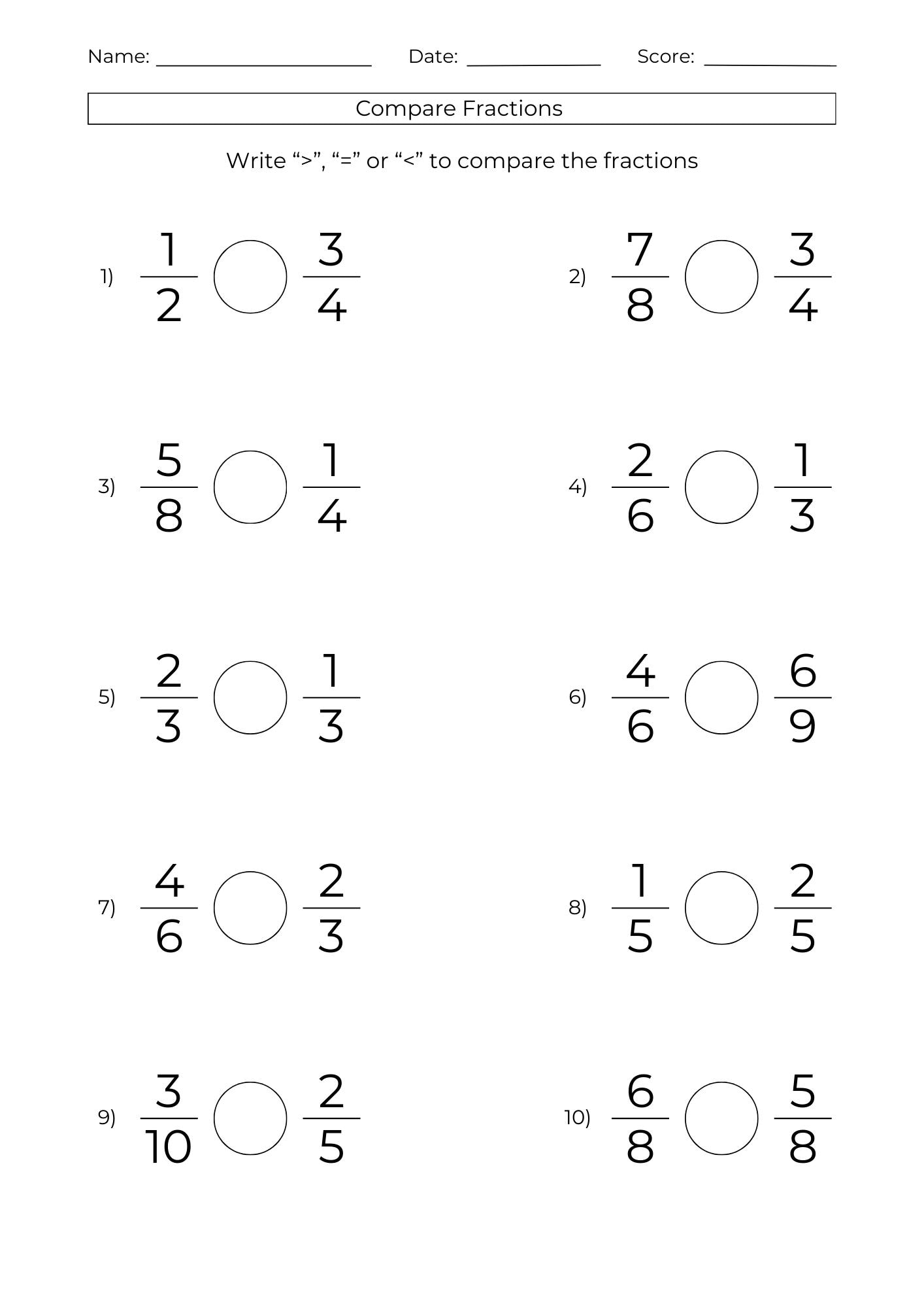 10 Printable Comparing Fractions Worksheets: Math Test Prep (PDF) - Etsy