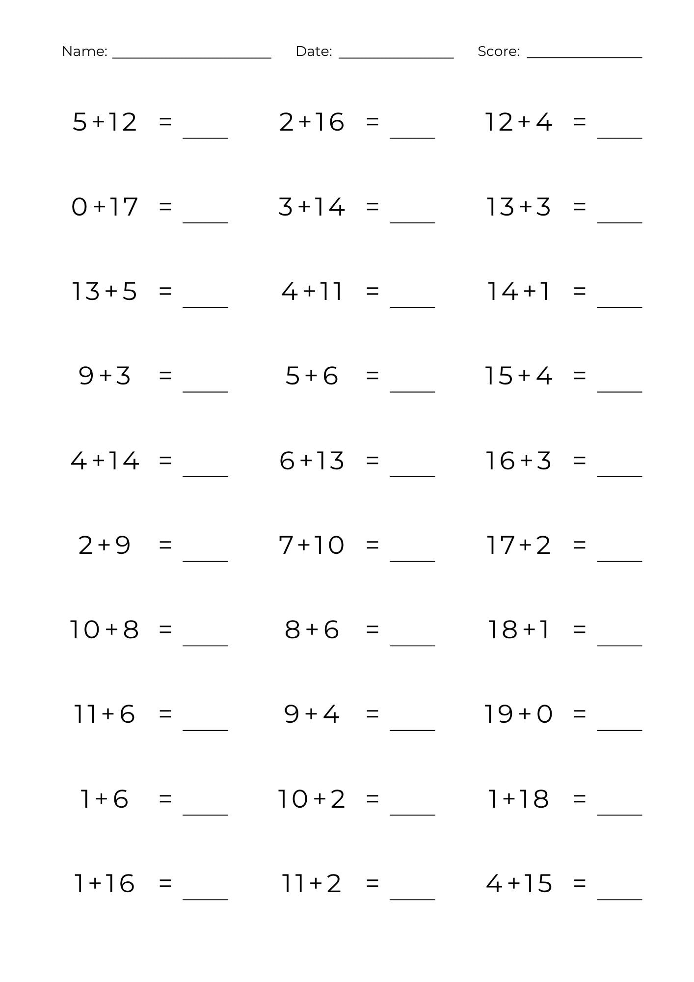 50 Printable Addition and Subtraction to 20 Worksheets: Math Practice ...