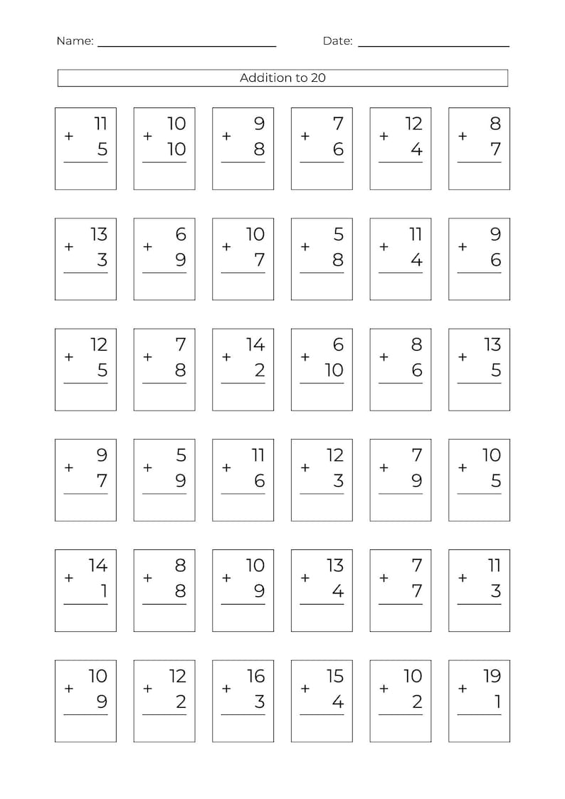 Addition and Subtraction Worksheets to 20 (PDF Download A4/US Letter ...