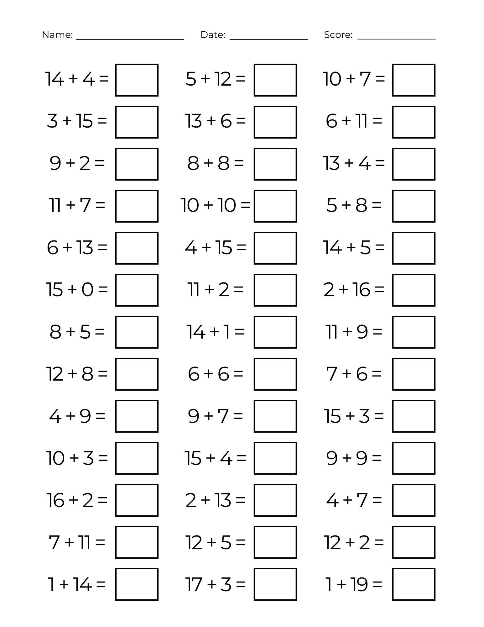 Addition Math Problems Printable Less Than 20 10 Printable Adding to 20 Worksheets - Simple Addition One Digit ...
