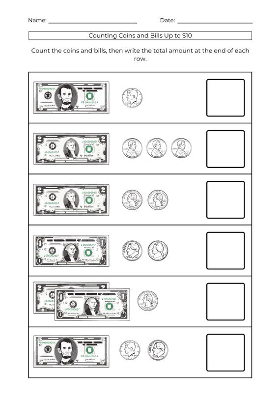10 Printable Money Counting Worksheets: Coin & Cash Math Activity (PDF Download A4/US Letter)