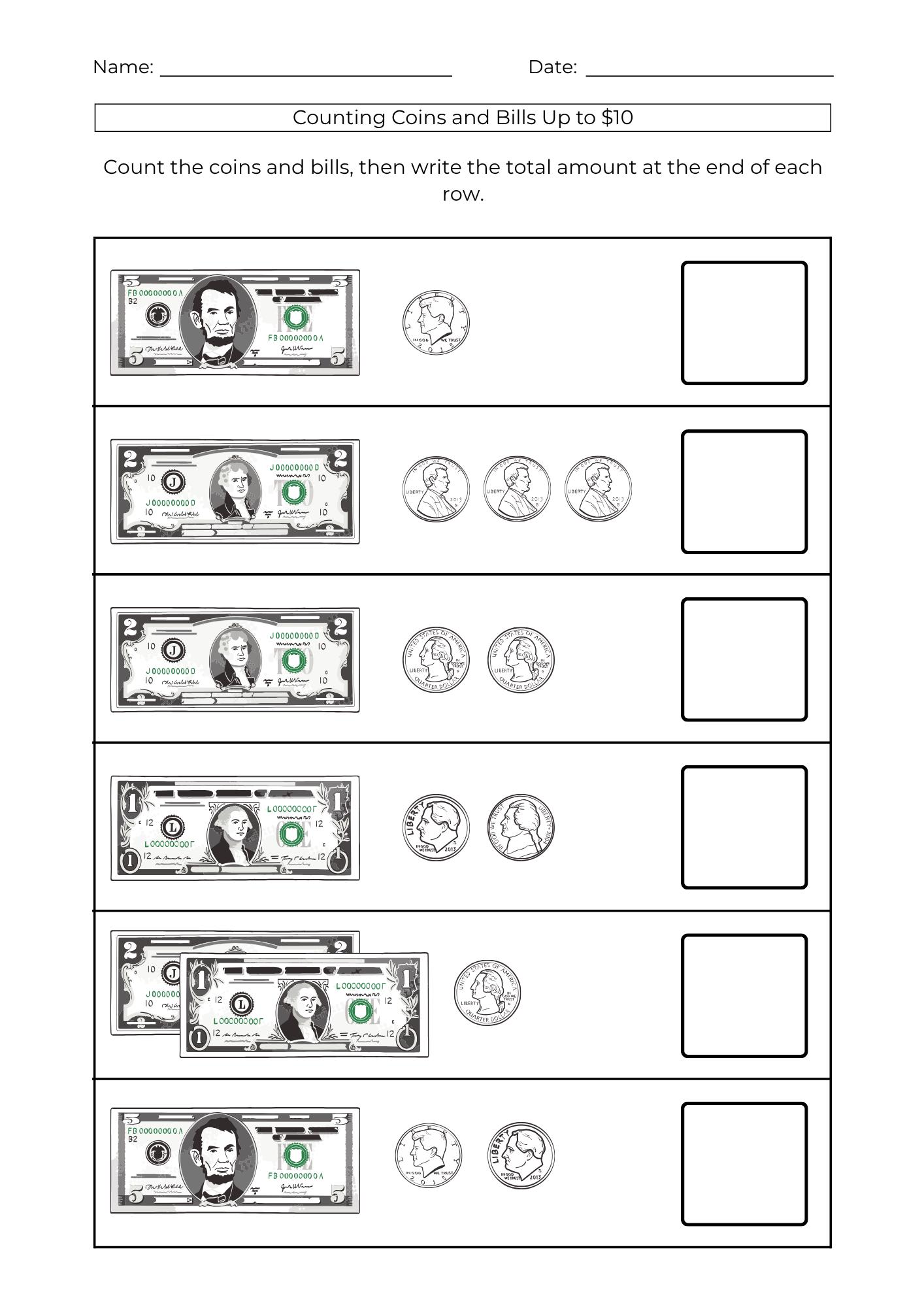 10 Printable Money Counting Worksheets: Coin & Cash Math Activity (PDF ...