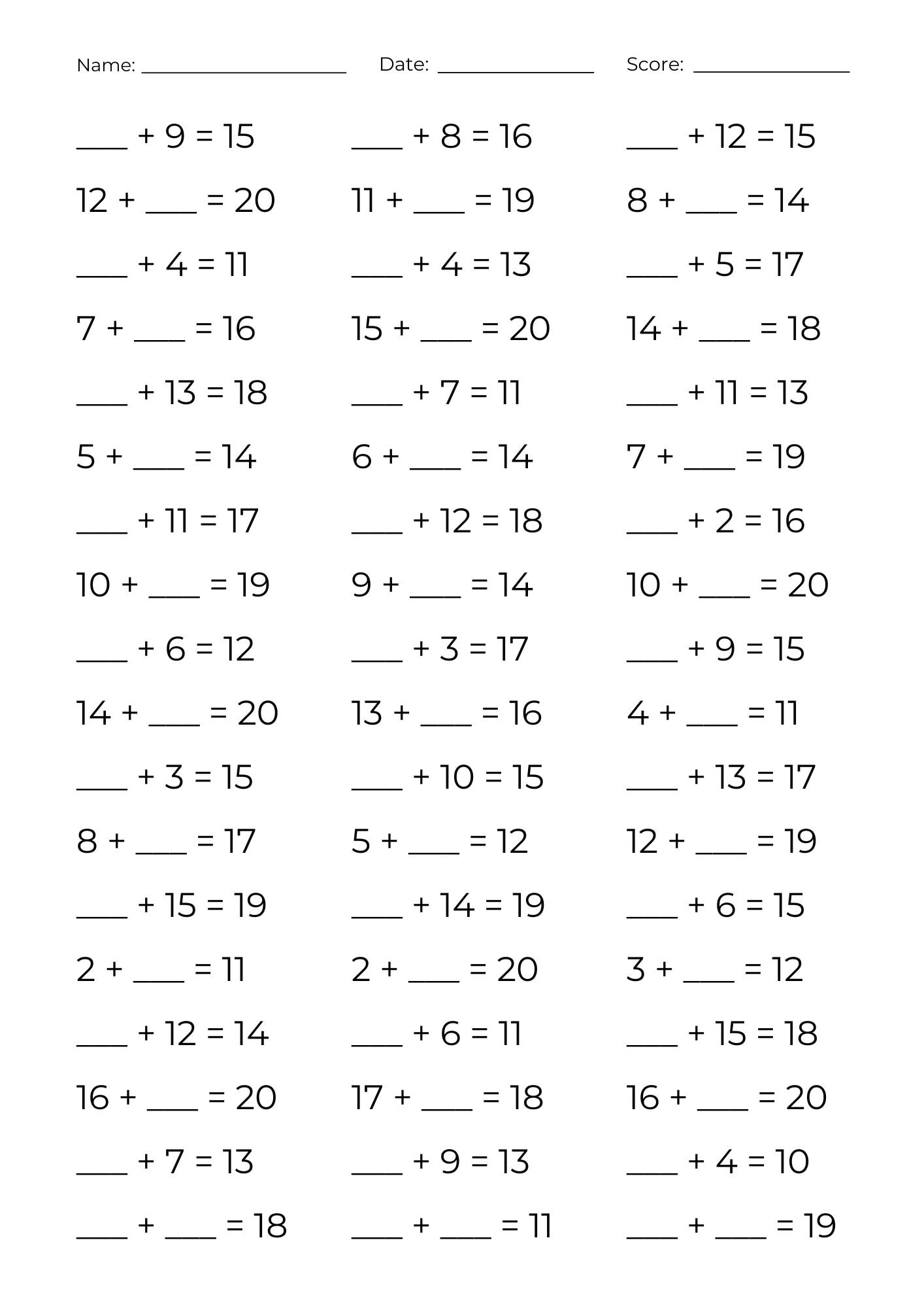 10 Printable Addition to 20 Worksheets – Addition Fill in Blanks Math ...