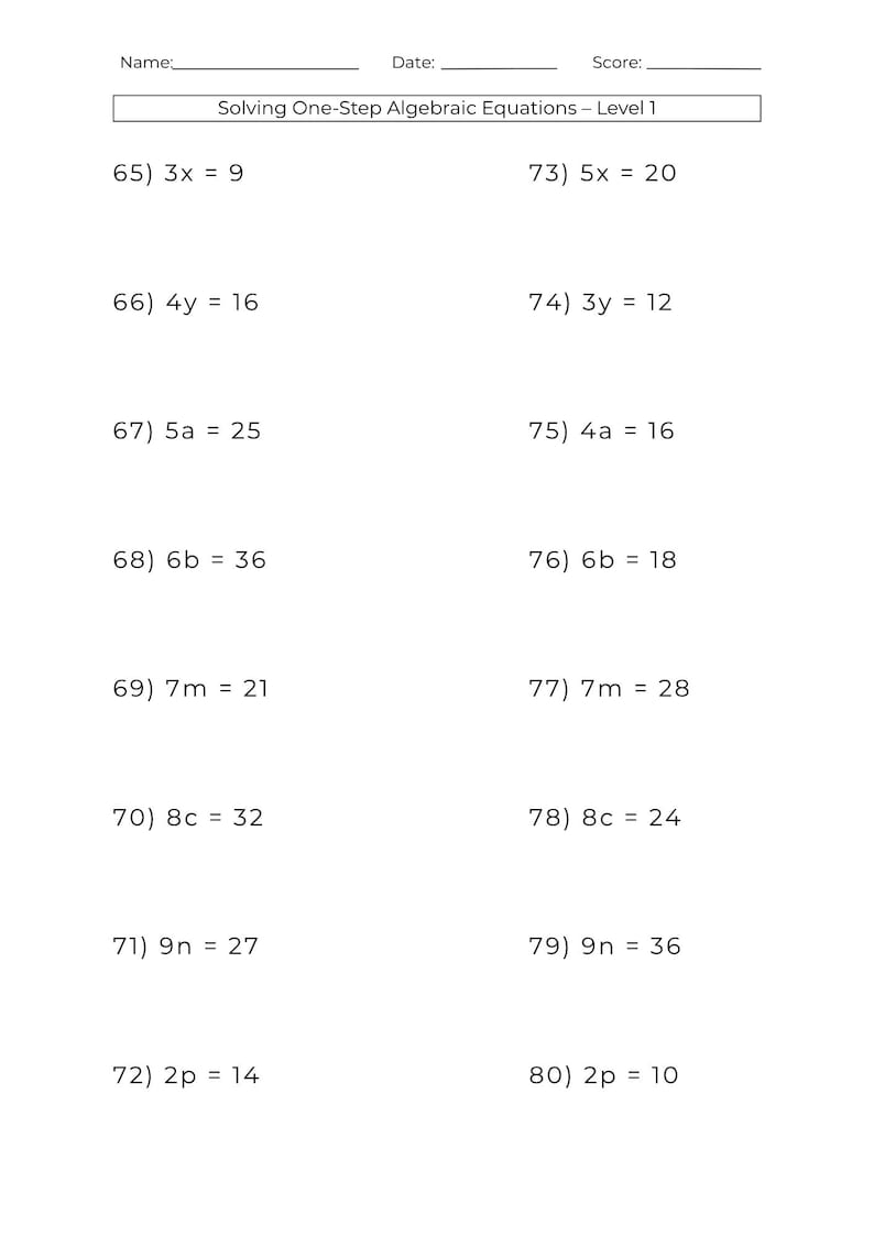 10 Printable One Step Algebra Equation and Two Step Algebra Equations ...