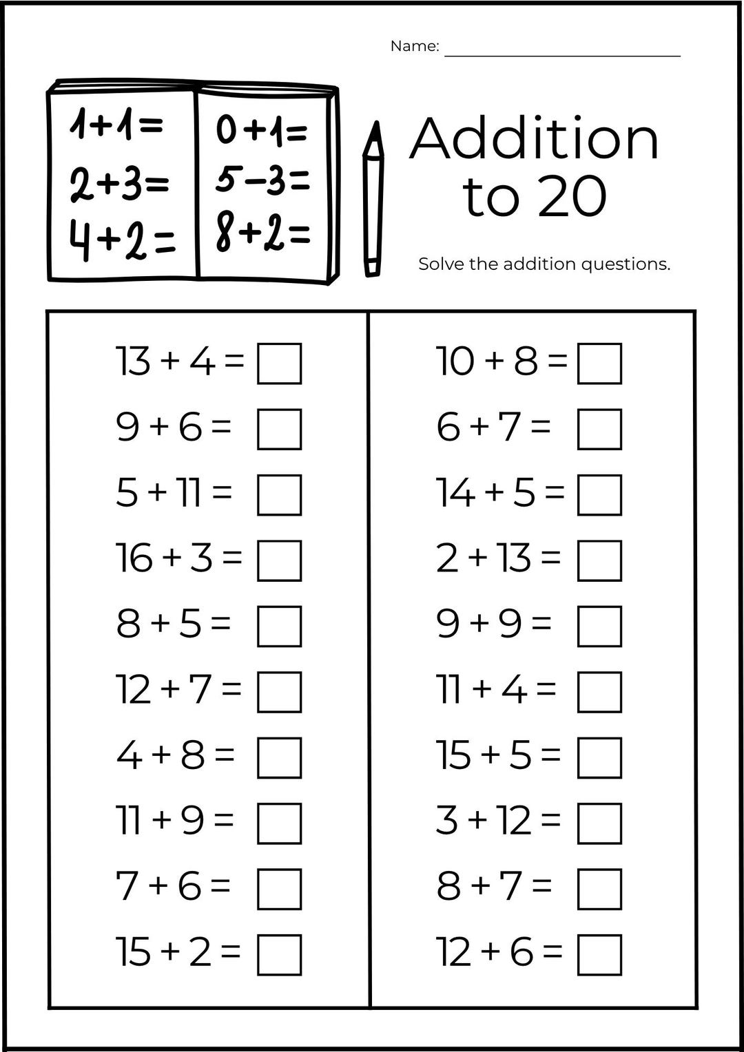 10 Printable Adding to 20 Worksheets – First Grade Math Simple Addition ...