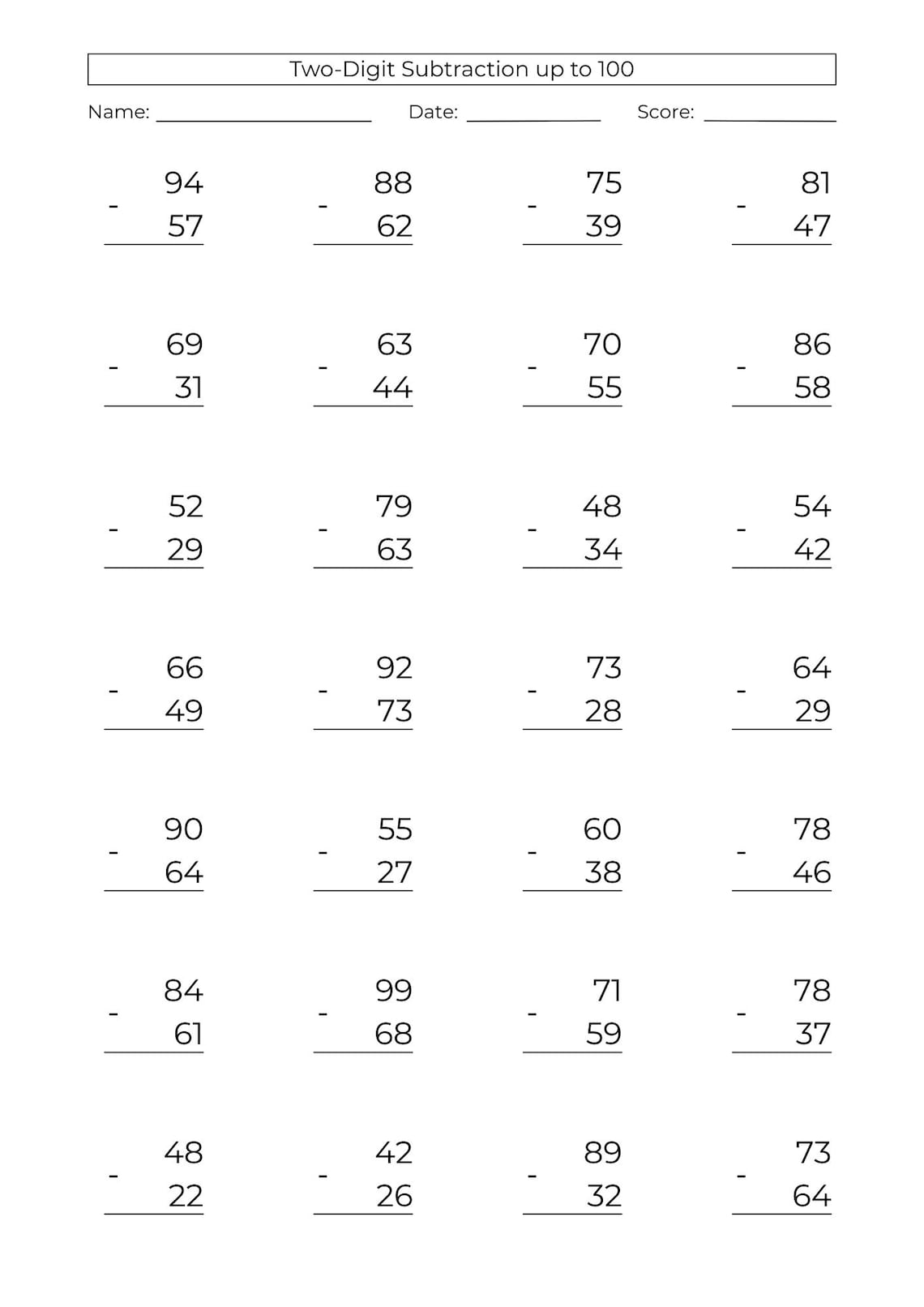 10 Printable Two Digit Subtraction Worksheets: Mental Math Practice ...