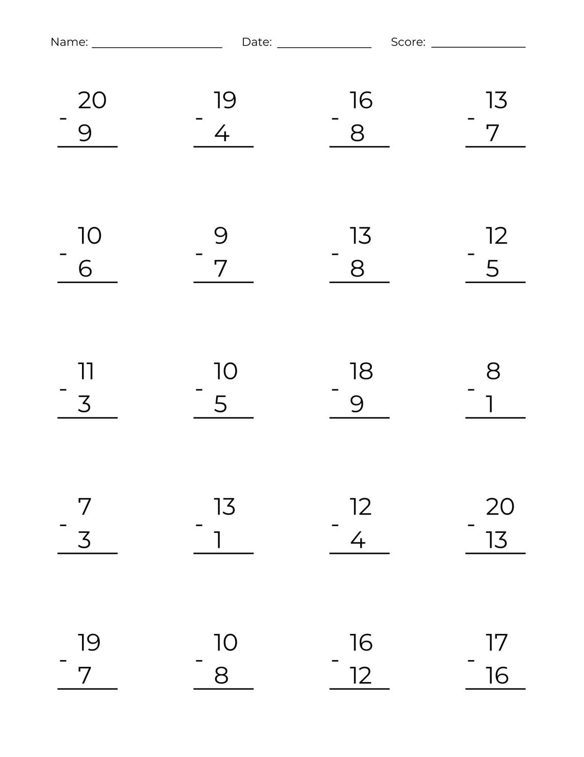10 Printable Subtraction to 20 Worksheets: Column Drills, 1st Grade ...