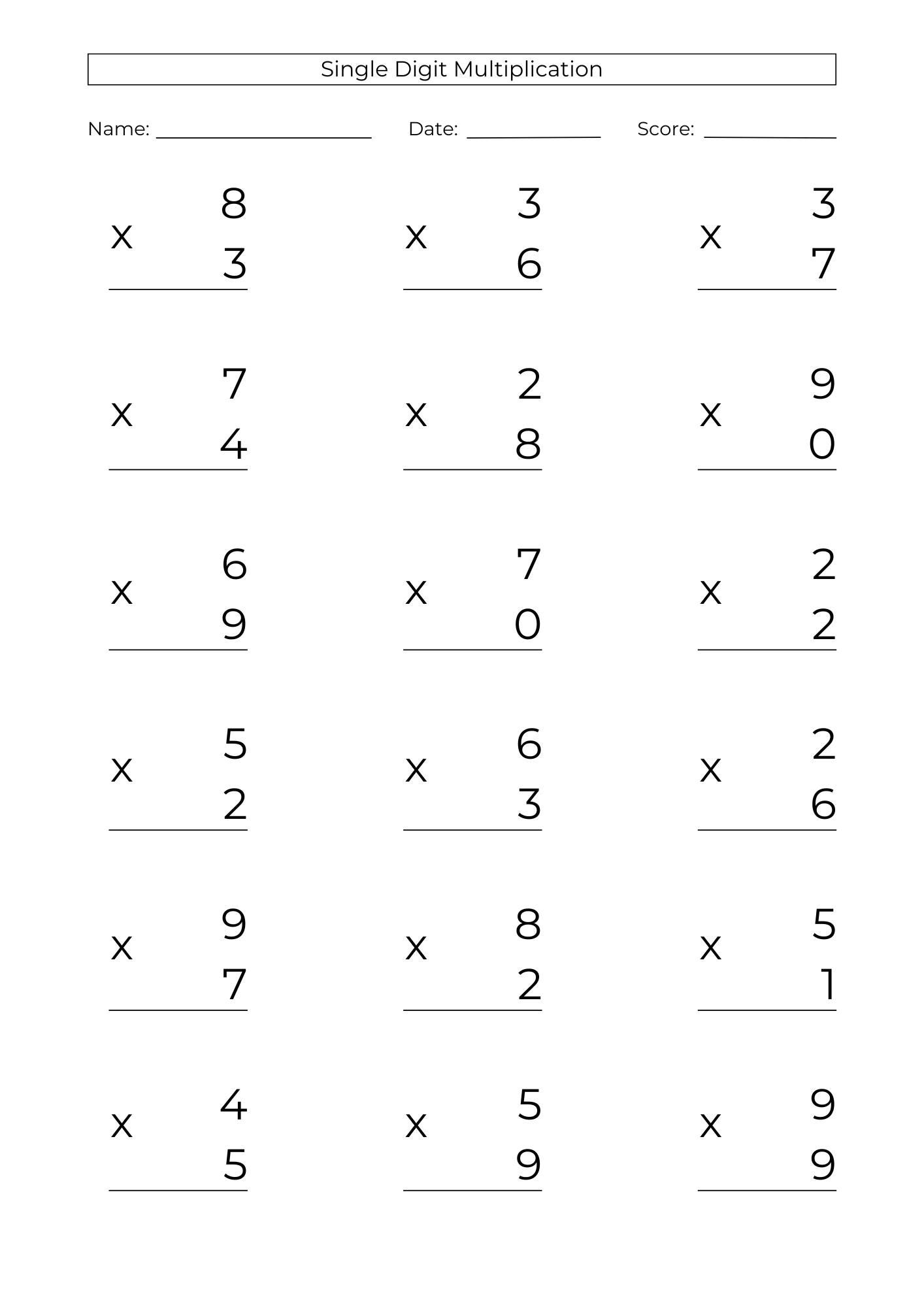 10 Printable Single Digit Multiplication: Multiply in Columns, Column ...