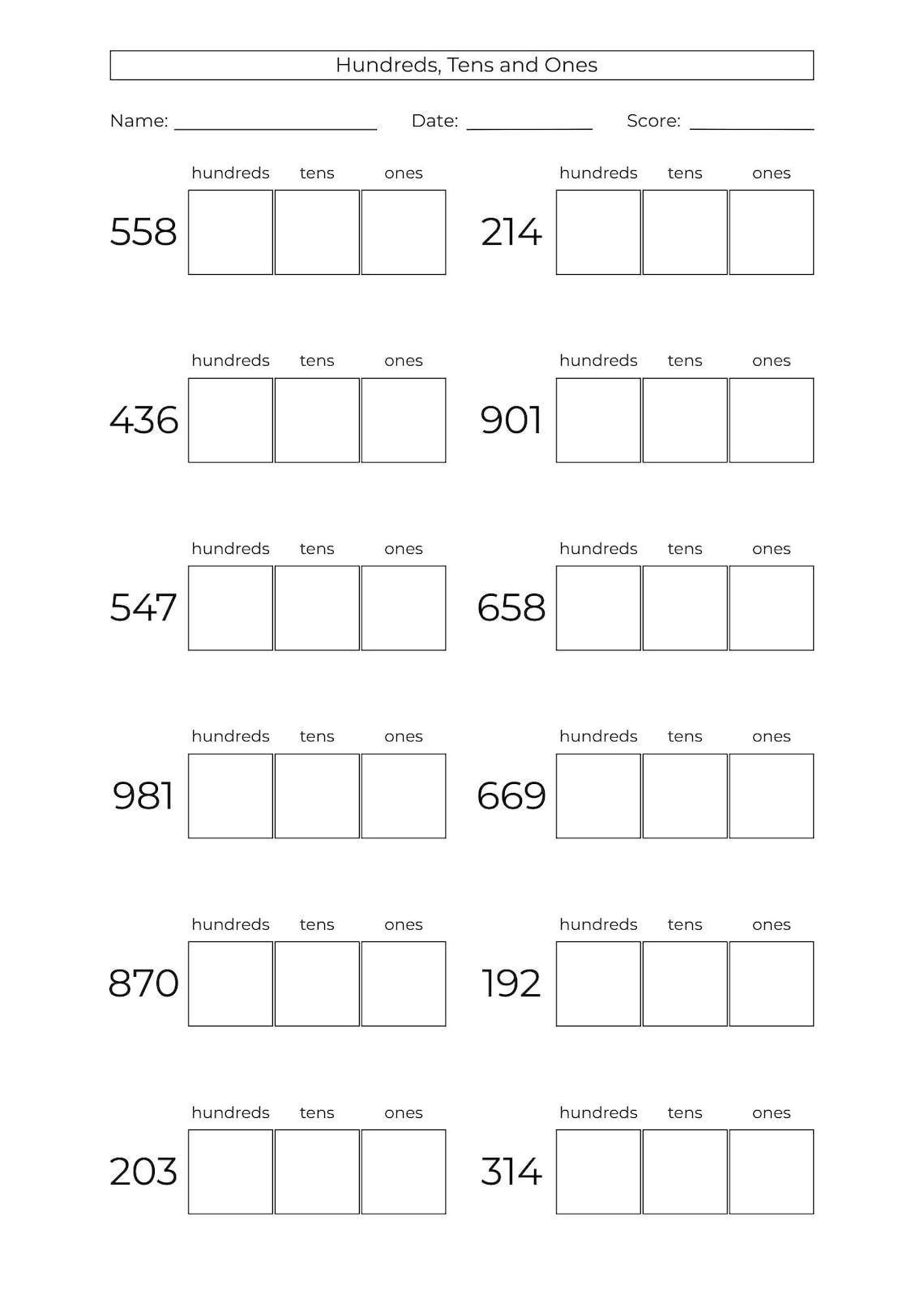 10 Printable Place Value Worksheets Hundreds, Tens, Ones 1st & 2nd