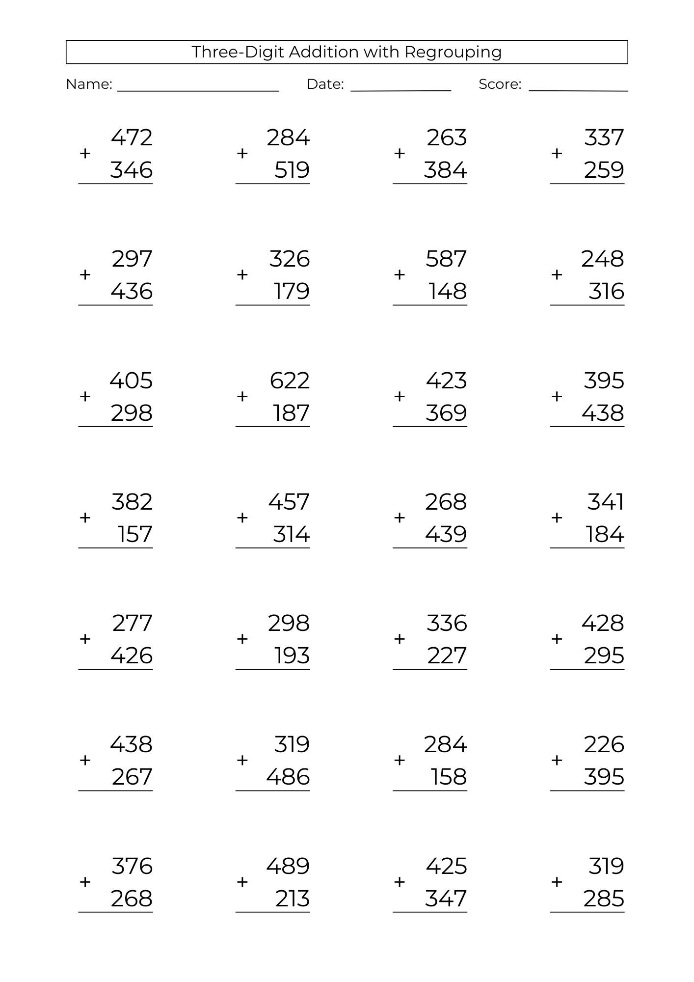 10 Printable 3-digit Addition Worksheets: 3rd Grade Math Drills (PDF ...