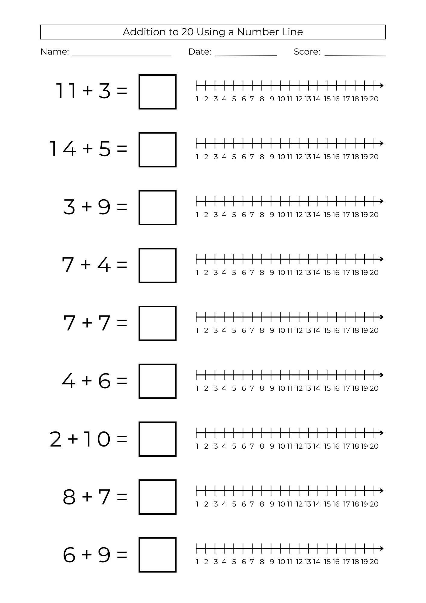 10 Printable Number Line Addition to 20 Worksheets: Beginning Math (PDF ...
