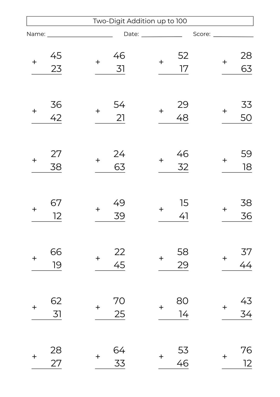 10 Printable Double Digit Addition Worksheets to 100 (PDF) - Etsy