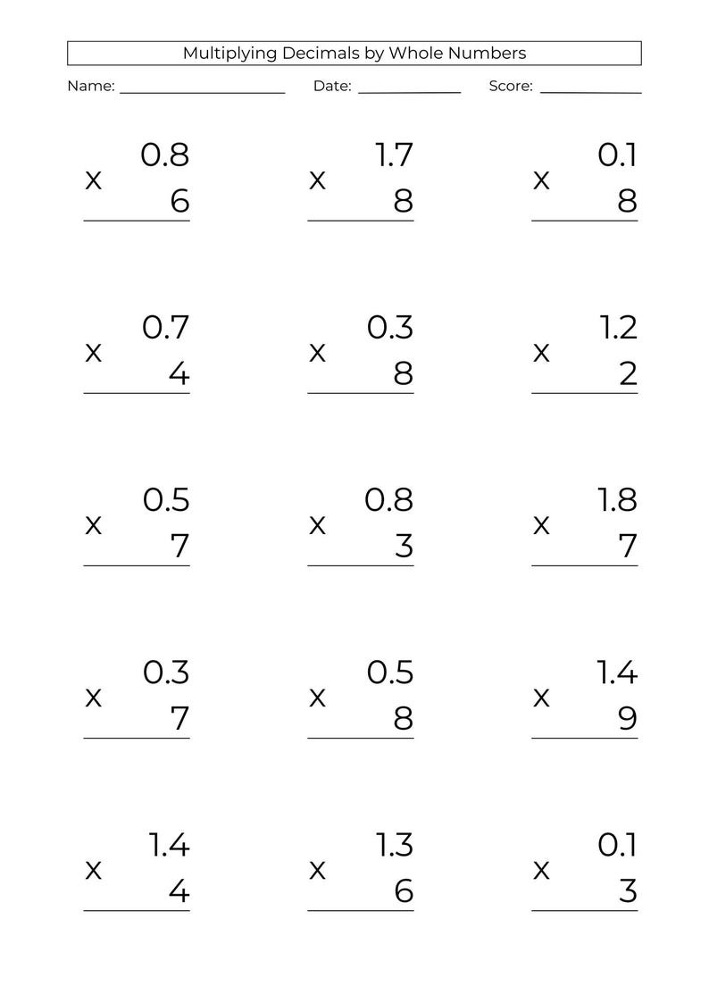 10 Printable Decimal Multiplication Worksheets: 5th Grade Math Practice ...