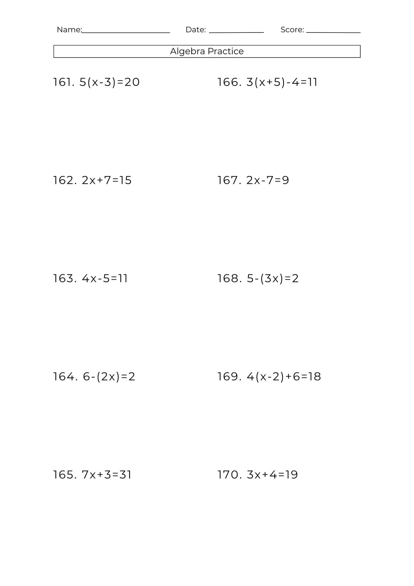 10 Printable Basic Algebra Worksheets: Solving Algebraic Equations ...