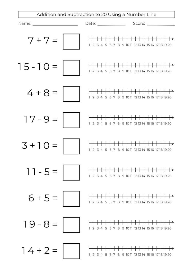 10 Printable Number Line Addition & Subtraction Worksheets: Math to 20 ...