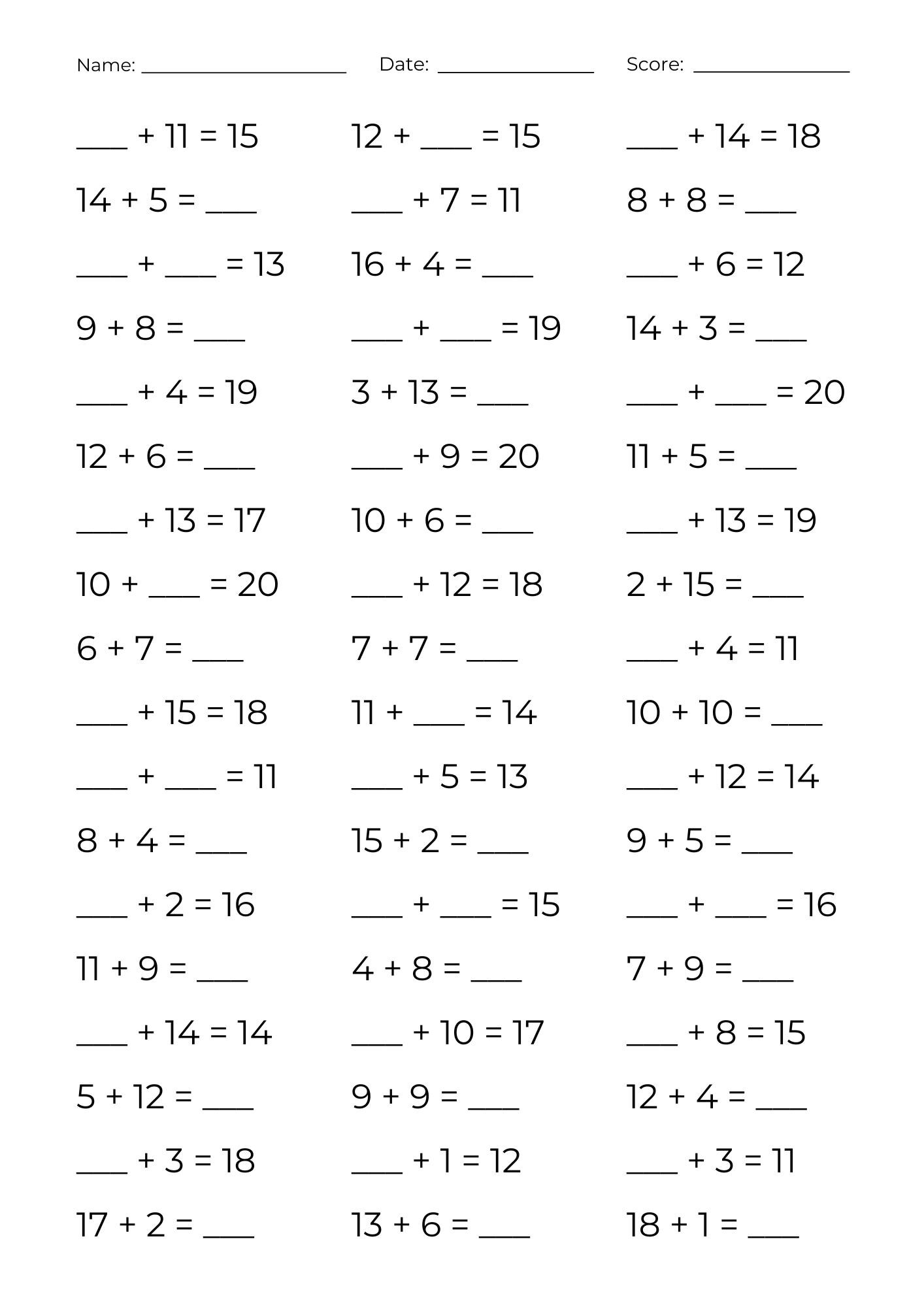10 Printable Addition to 20 Worksheets – Addition Fill in Blanks Math ...