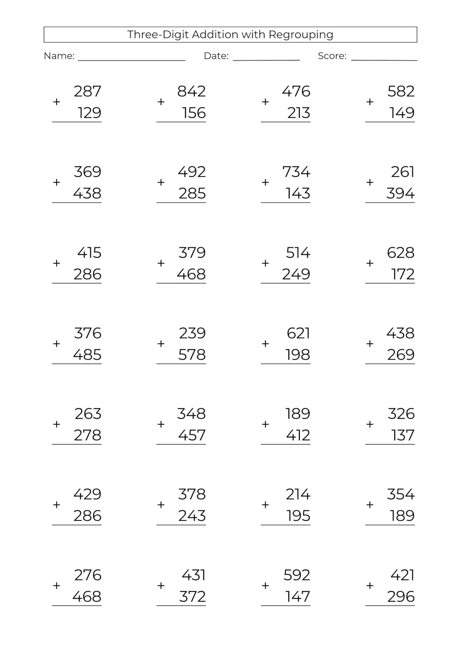 10 Printable 3-digit Addition Worksheets: 3rd Grade Math Drills (PDF ...