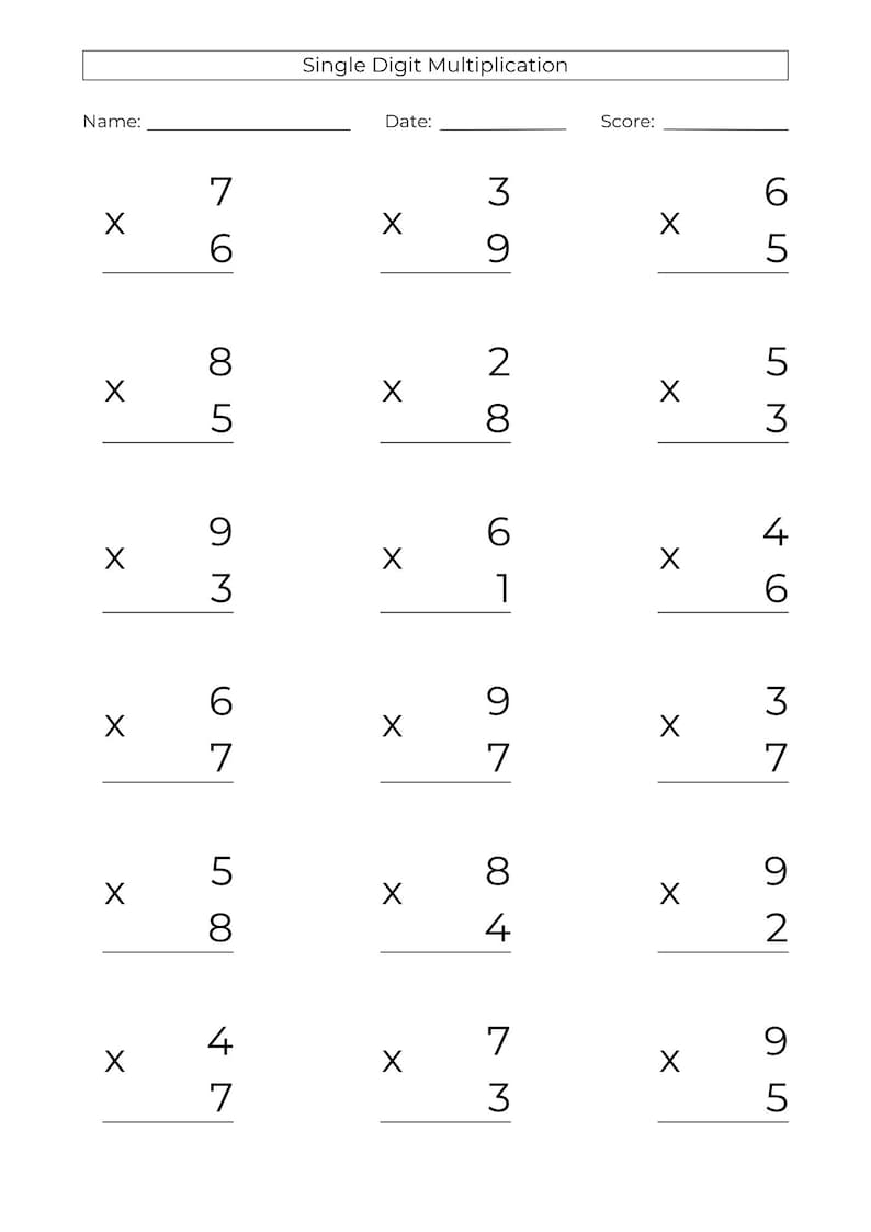 10 Printable Single Digit Multiplication: Multiply in Columns, Column ...