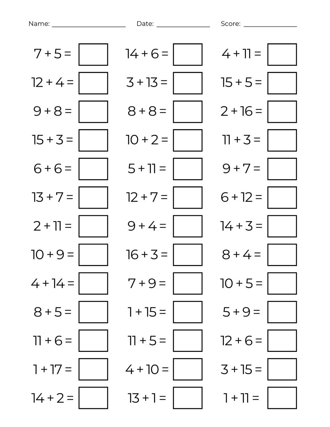 10 Printable Adding to 20 Worksheets - Simple Addition One Digit ...