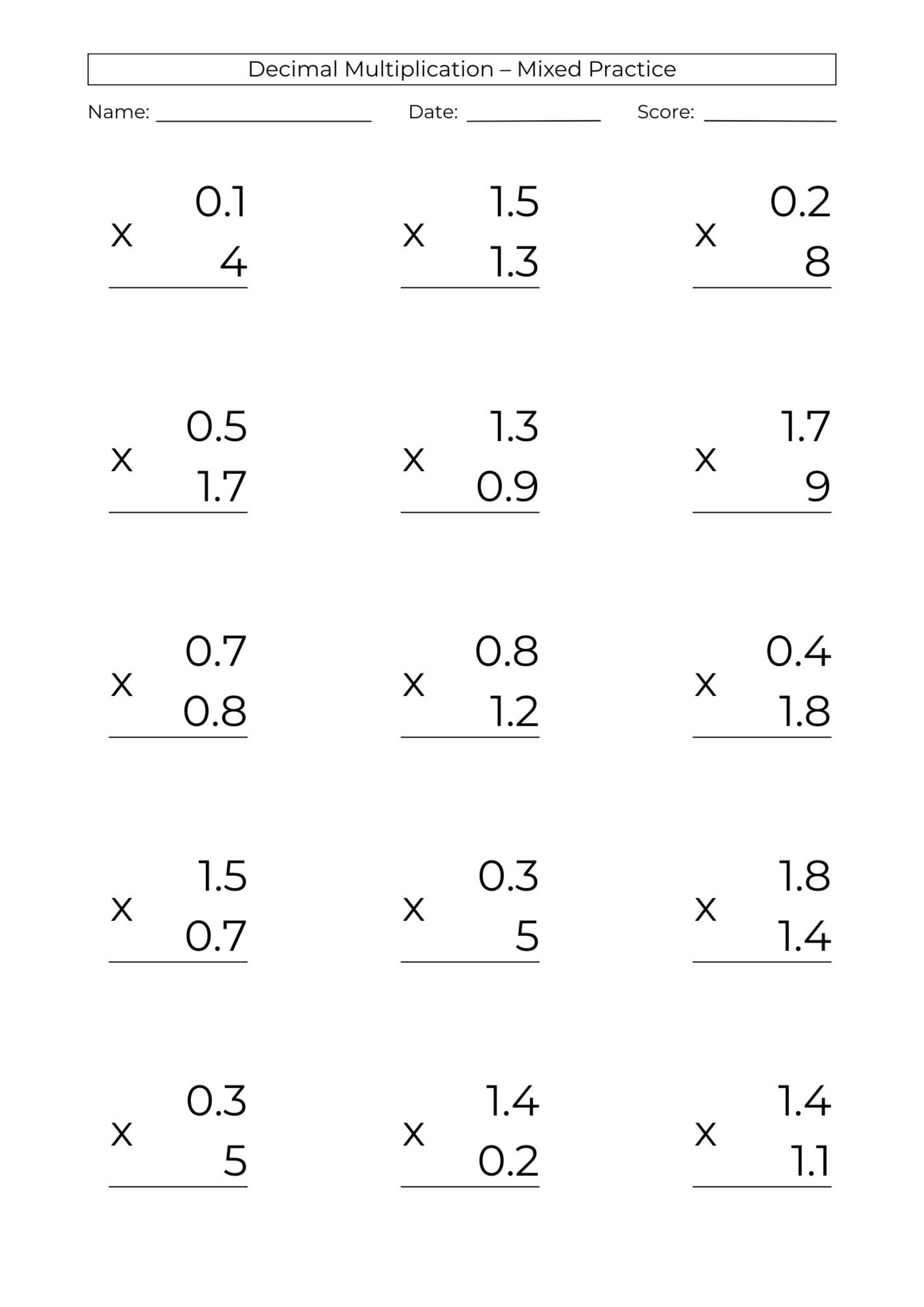 10 Printable Decimal Multiplication Worksheets: 5th Grade Math Practice ...