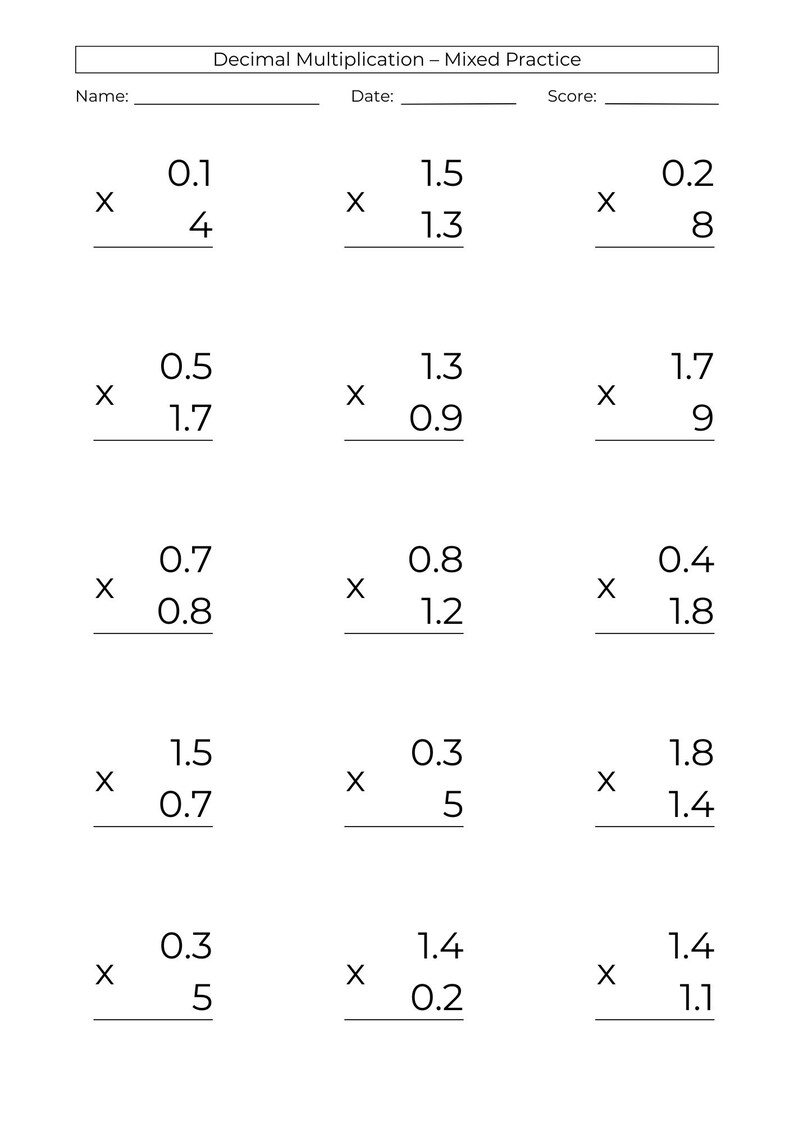 10 Printable Decimal Multiplication Worksheets: 5th Grade Math Practice ...