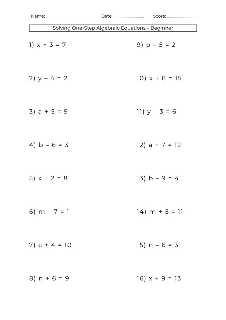 10 Printable One Step Algebra Equation and Two Step Algebra Equations ...
