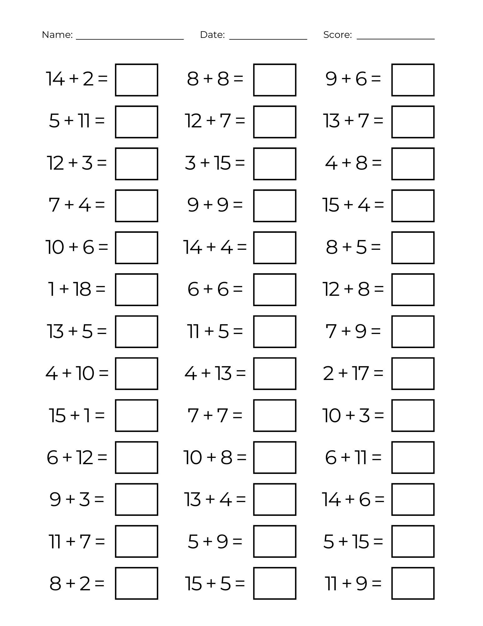Basic Addition Rxn 10 Printable Adding to 20 Worksheets - Simple Addition One Digit ...